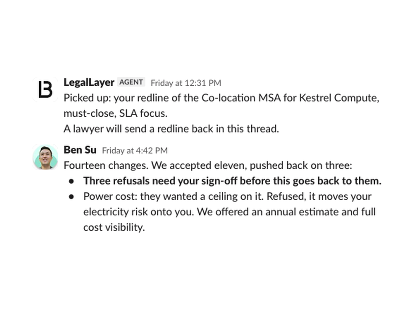 Slack thread: LegalLayer confirms the redline review, and Ben Su returns fourteen changes with reasoning on the three refusals.