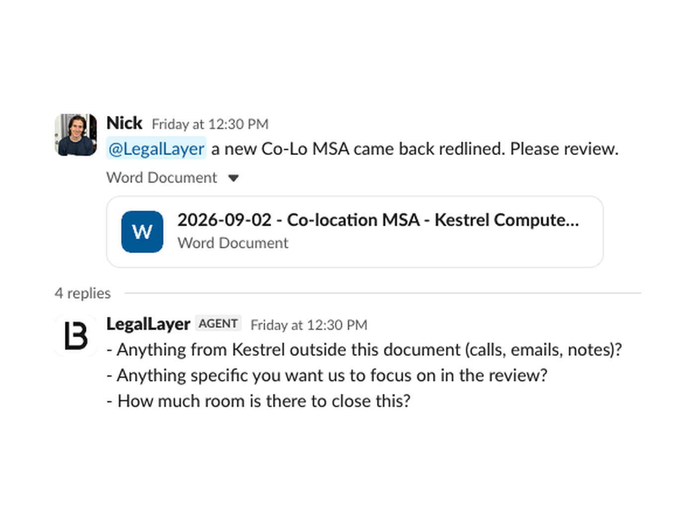 Slack thread: Nick sends a redlined Co-Lo MSA for Kestrel Compute, and LegalLayer asks clarifying questions before the review.